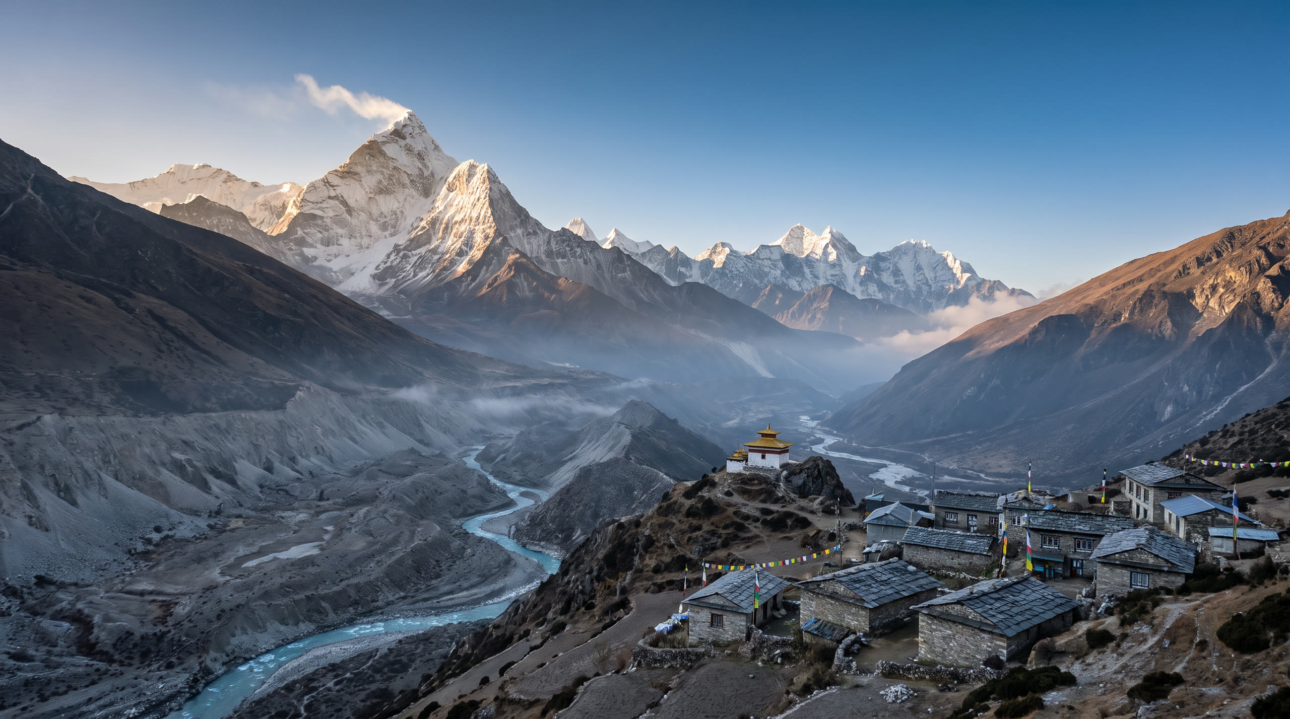 the Himalayan skyline with Everest's pyramid and its plume above the Khumbu at Everest Region, Nepal, in first light light — original Triple VIP destination visual.