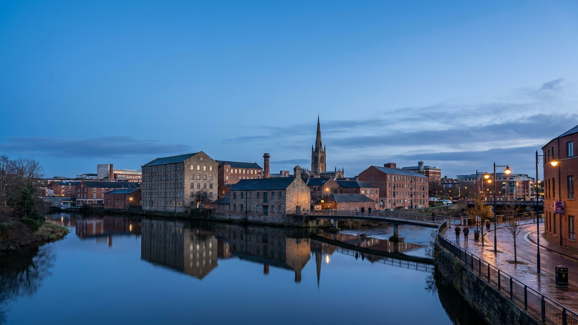 The city seen across its water in Derby, United Kingdom