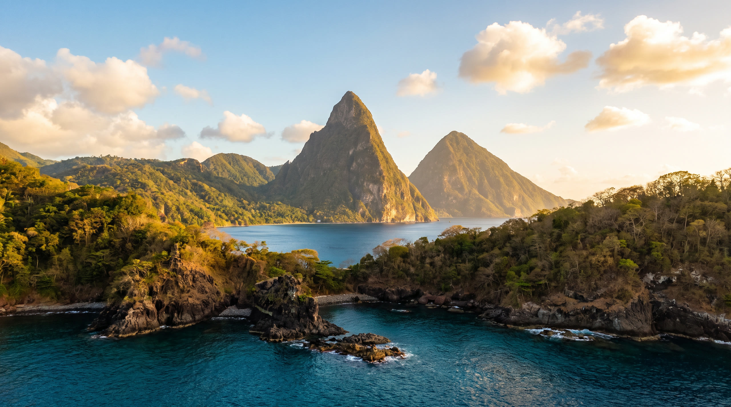 the twin Piton volcanic spires rising straight out of the Caribbean Sea at St Lucia, Saint Lucia, in golden hour light — original Triple VIP destination visual.