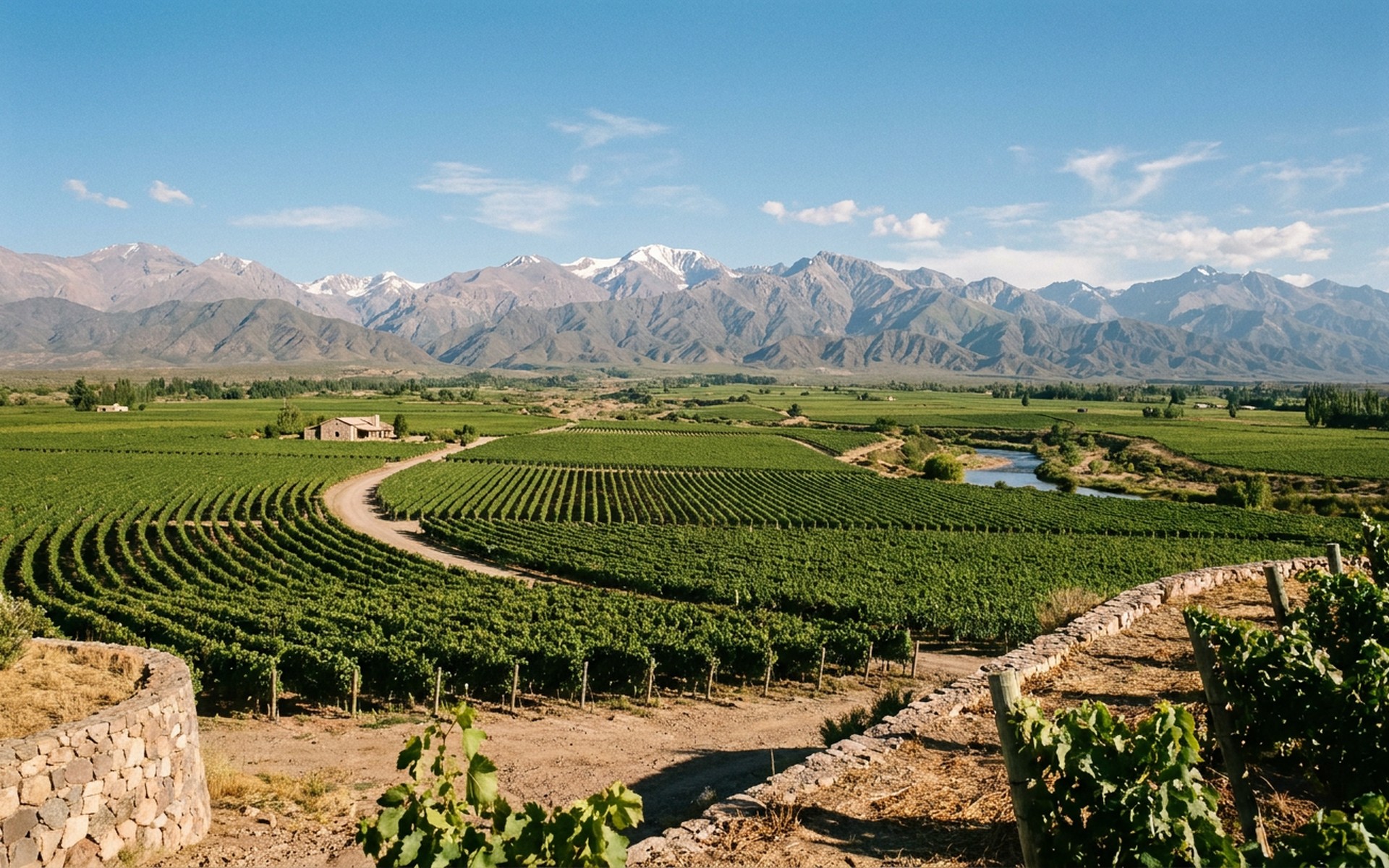 Expansive green vineyards stretching across fertile plains, flanked by the distant Andes Mountains under a bright summer sky. at Colchagua Valley, Chile — original Triple VIP destination visual.