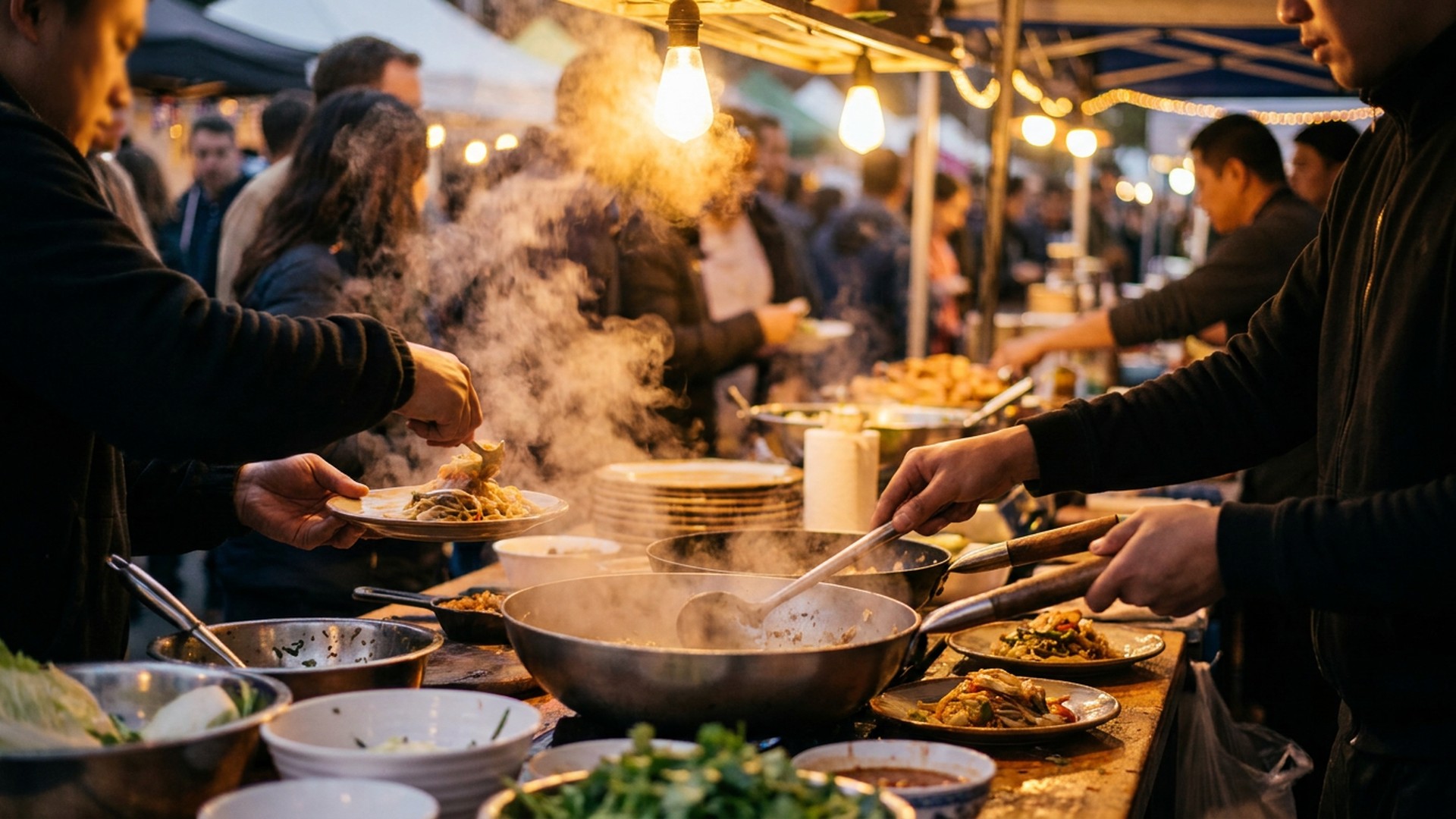 Steam rising over a busy night market kitchen counter in warm light