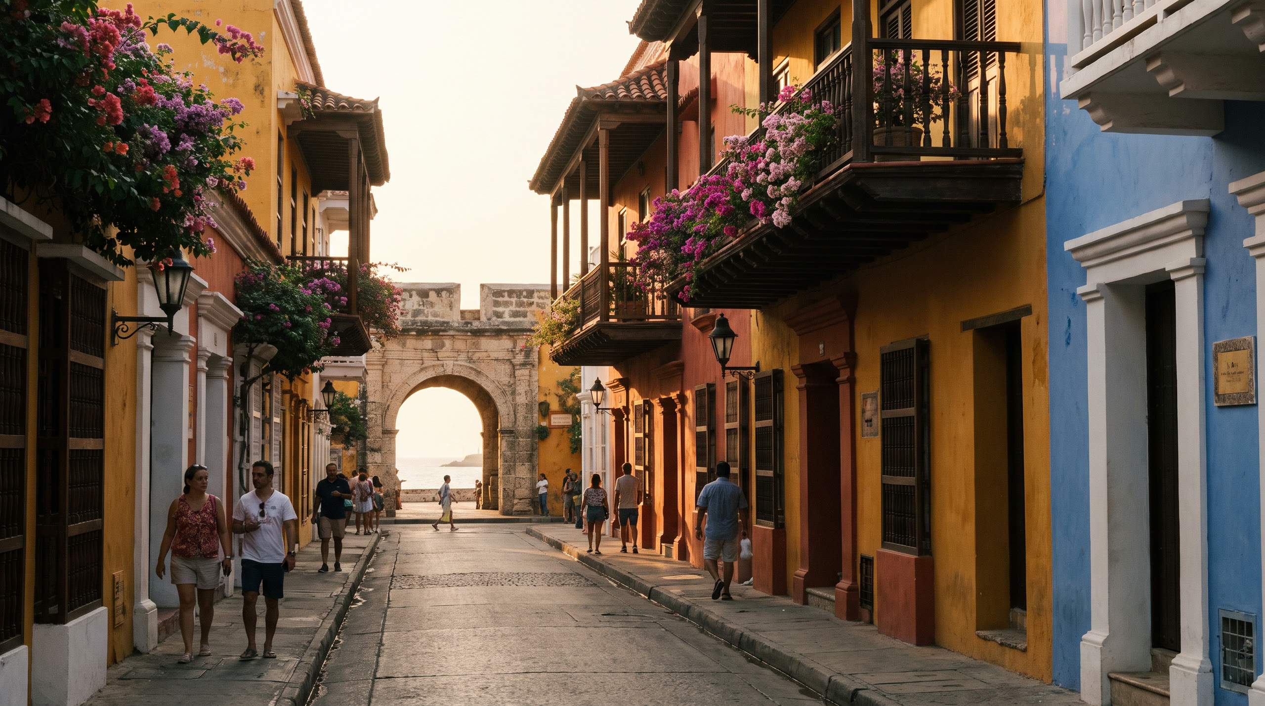 the walled old town's colour-saturated colonial streets with flowered balconies at Cartagena, Colombia, in late afternoon light — original Triple VIP destination visual.