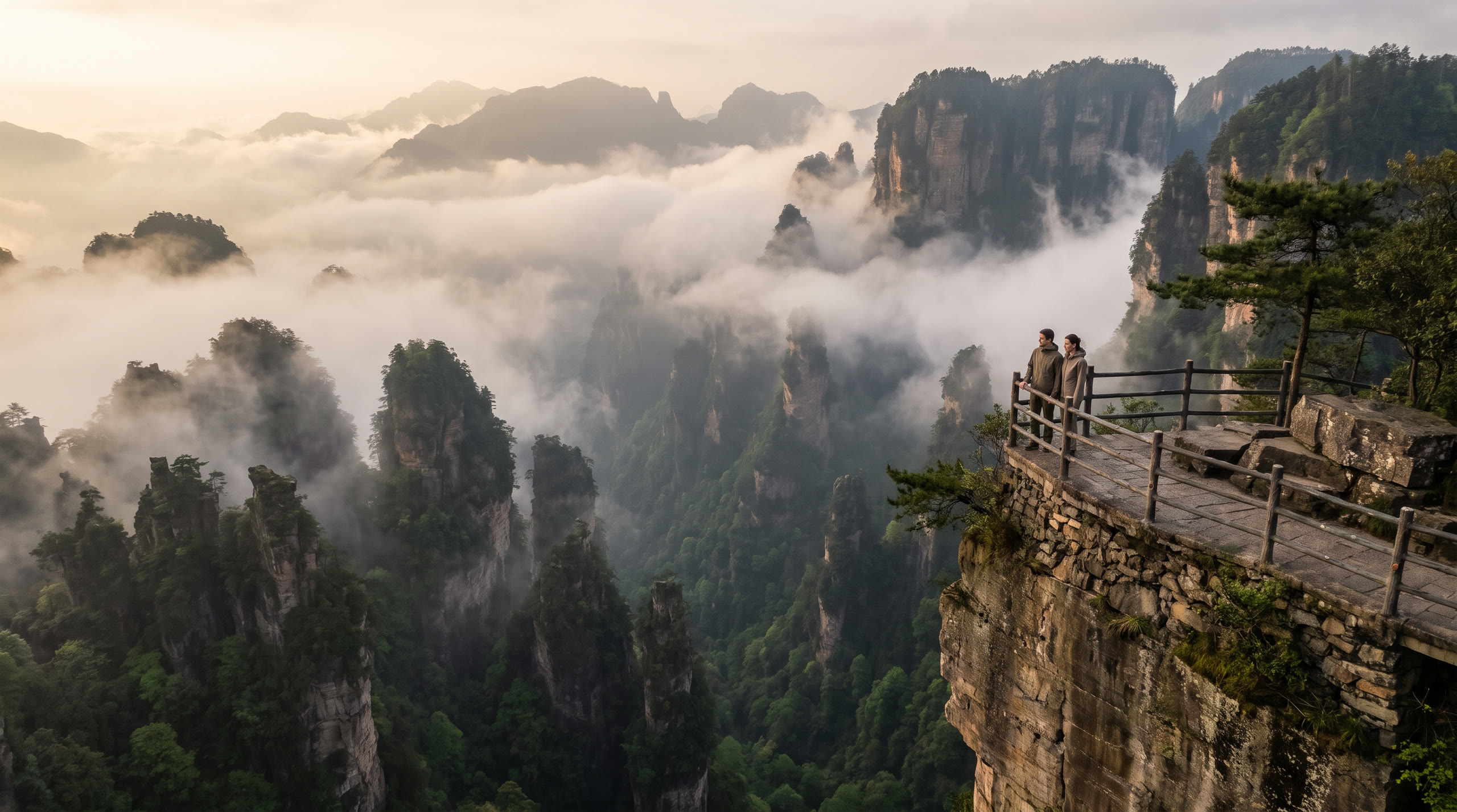 quartz-sandstone pillars rising through drifting cloud at Zhangjiajie, China, in morning light — original Triple VIP destination visual.