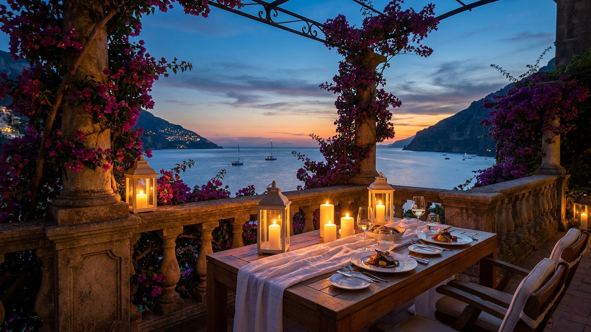 Candlelit terrace table for two overlooking a Mediterranean coastline at dusk