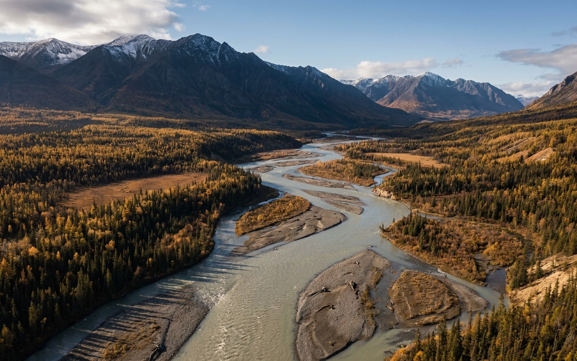 a broad braided river winding through autumn-gold boreal valleys below dark snow-dusted ranges at the Yukon, Canada — original Triple VIP destination visual.