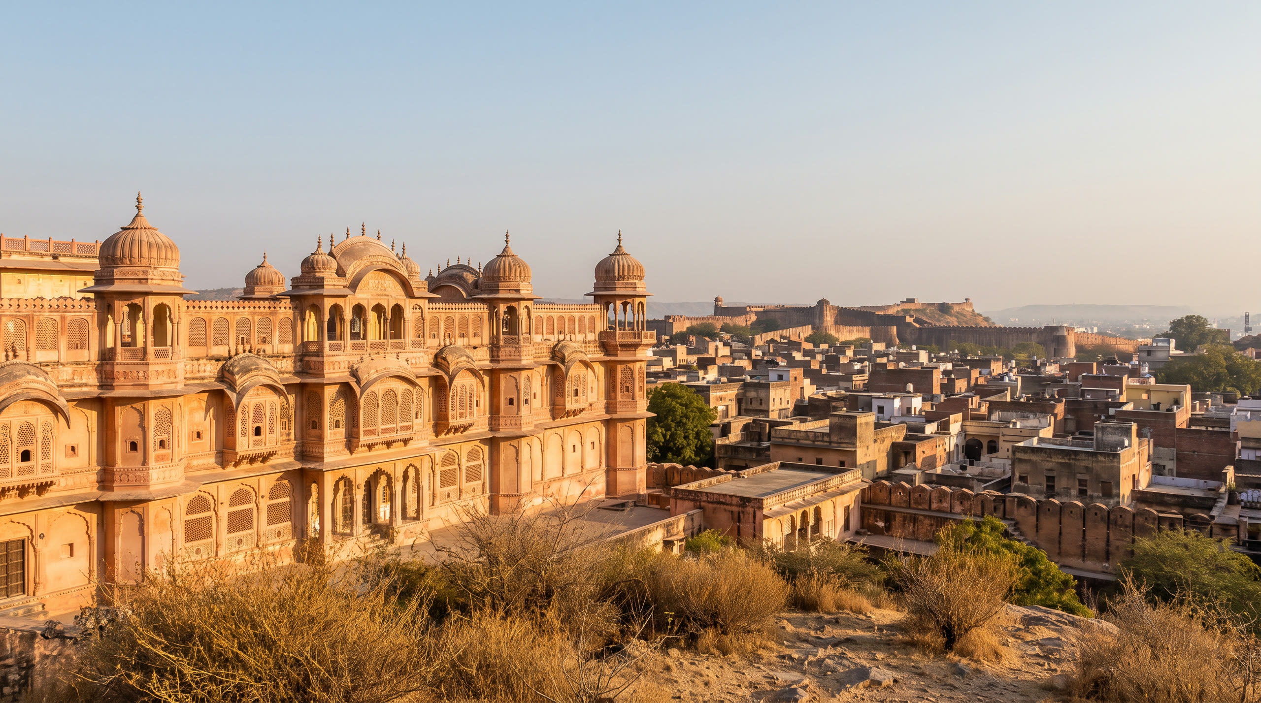 the pink sandstone façade of a Rajput palace with the old city beyond at Jaipur & Rajasthan, India, in golden hour light — original Triple VIP destination visual.