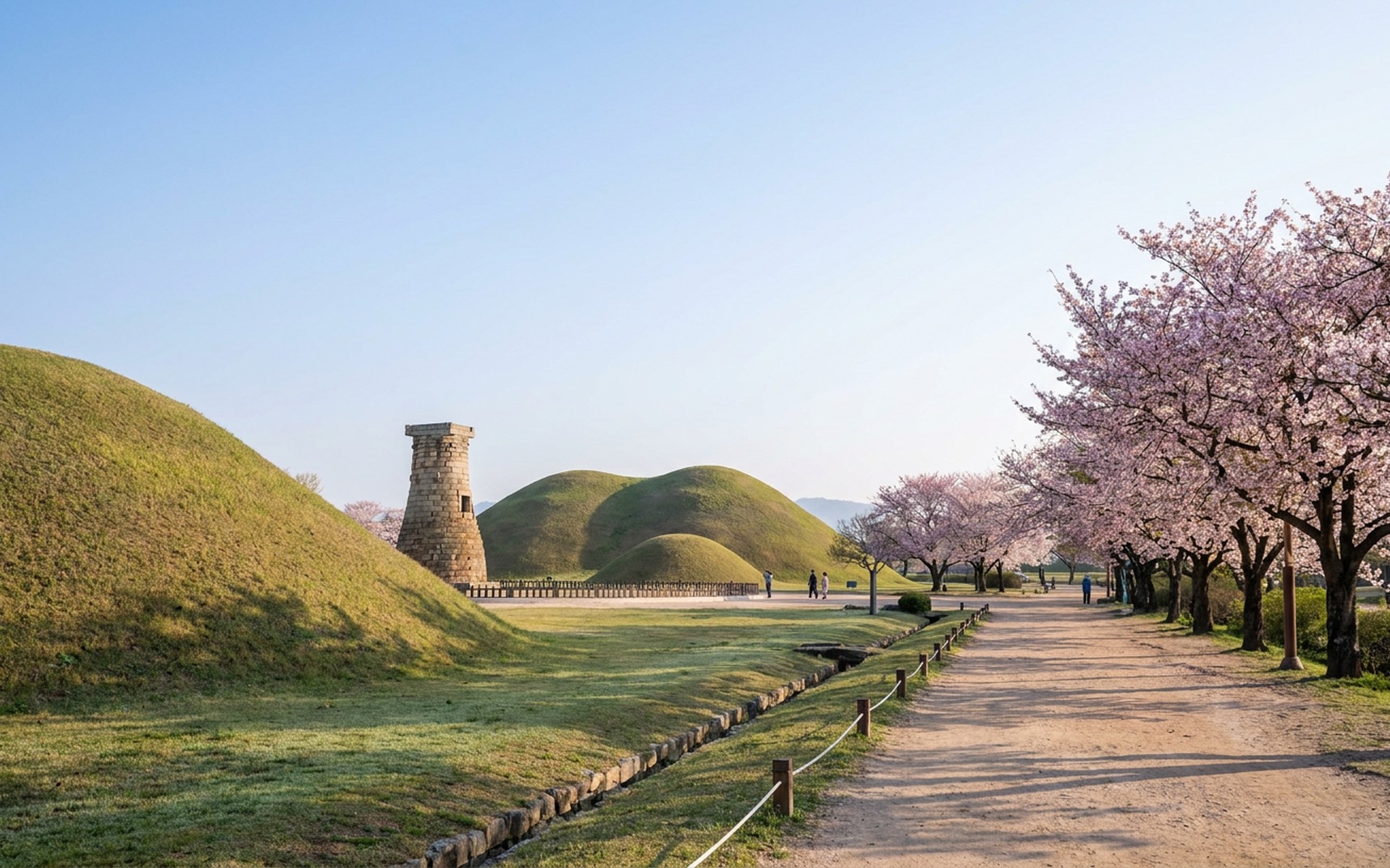 grass-covered royal burial mounds and a stone observatory beside pink blossom trees at Gyeongju, South Korea — original Triple VIP destination visual.