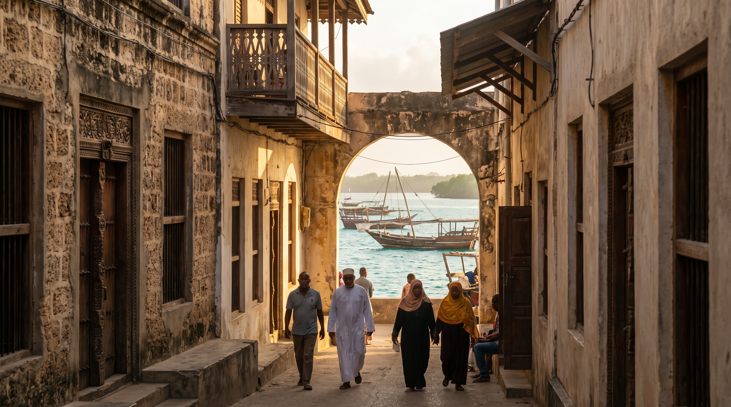 coral-stone lanes with carved wooden doors opening toward the dhow harbour at Zanzibar & Stone Town, Tanzania, in late afternoon light — original Triple VIP destination visual.