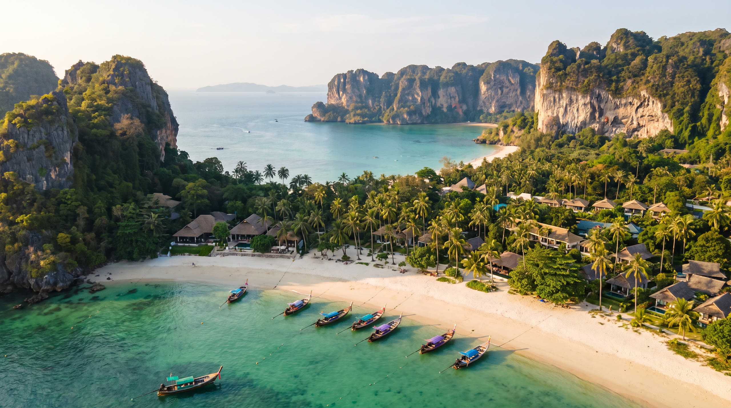 a curving Andaman beach with limestone headlands and longtail boats at Phuket, Thailand, in late afternoon light — original Triple VIP destination visual.