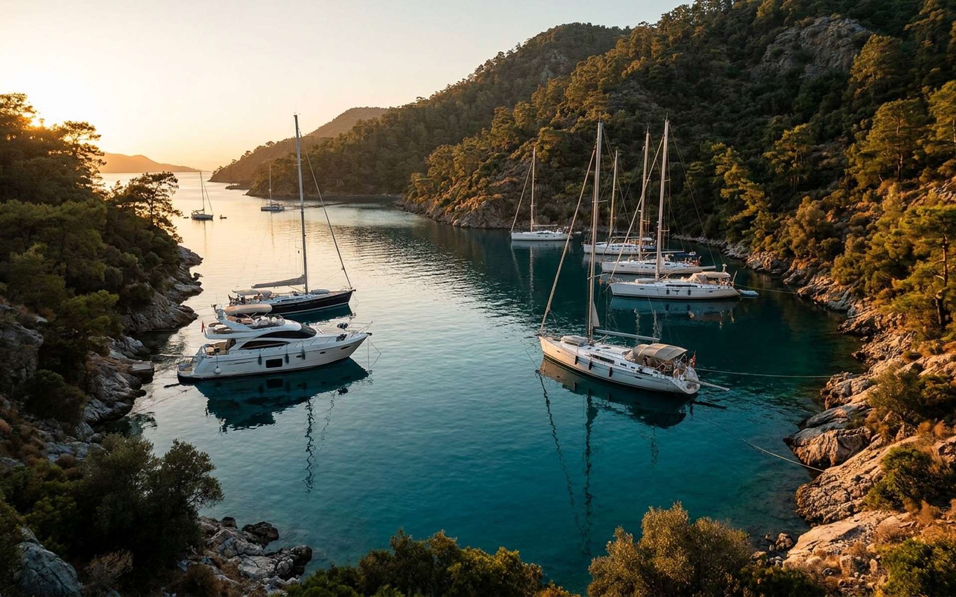 Luxury yachts anchored in a serene turquoise bay, surrounded by lush green pine-clad hills reflecting in the calm Aegean waters at sunset. at Göcek & the Turquoise Coast, Turkey — original Triple VIP destination visual.