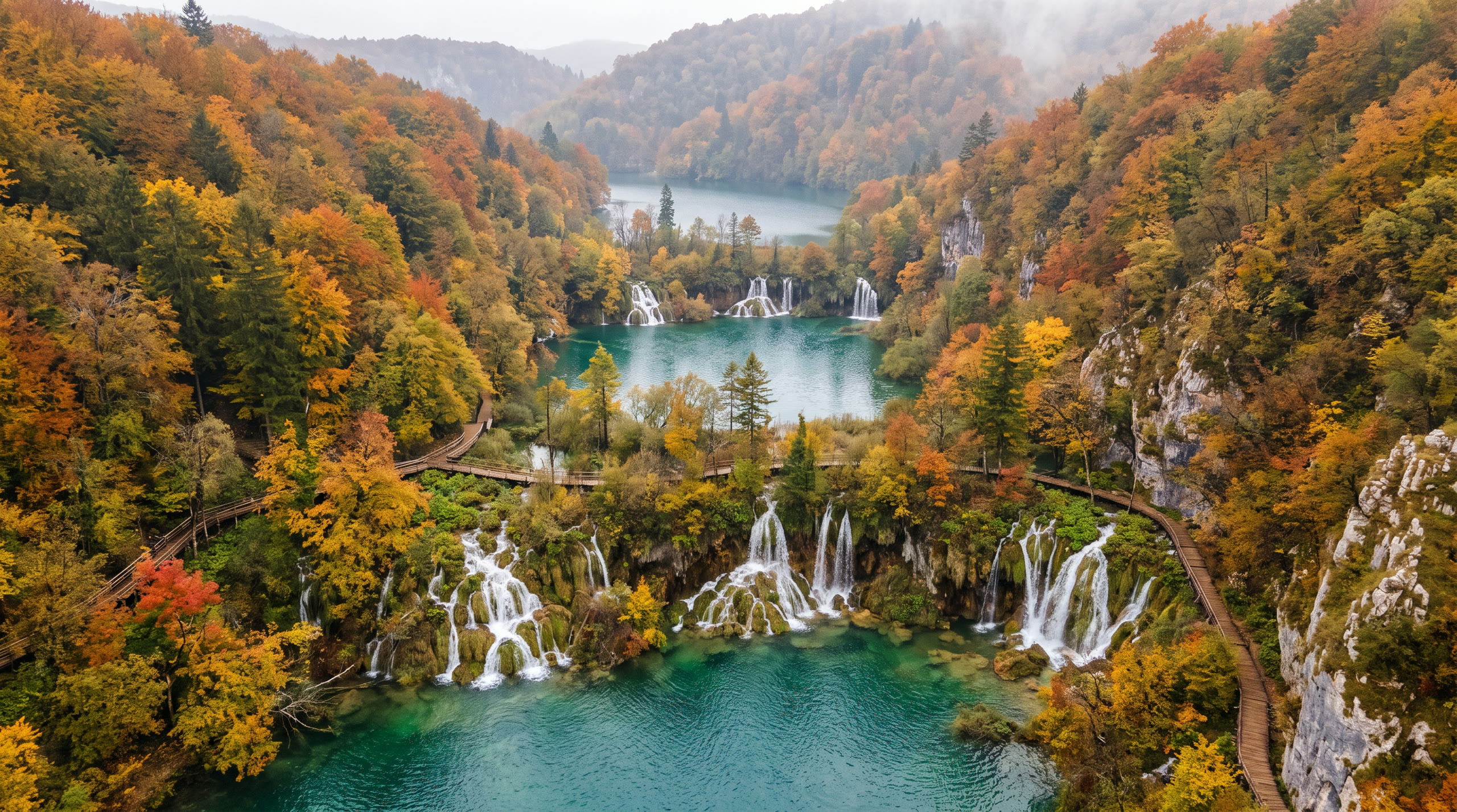 terraced turquoise lakes linked by travertine waterfalls in dense forest at Plitvice Lakes, Croatia, in midday diffused light — original Triple VIP destination visual.
