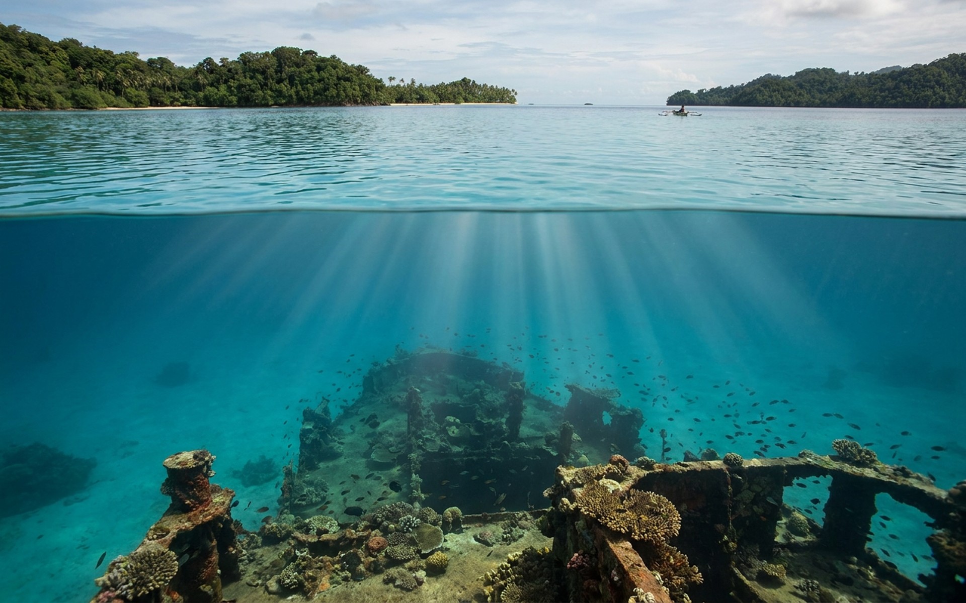 Sunlight piercing through clear tropical waters to illuminate sunken WWII shipwrecks adorned with coral and marine life. at Chuuk Lagoon, Micronesia — original Triple VIP destination visual.