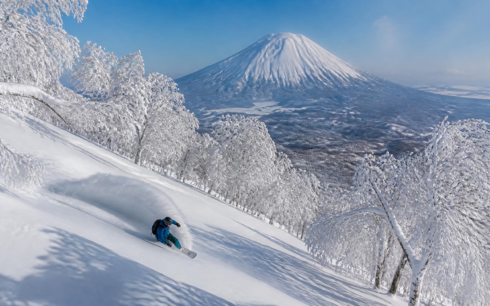Deep powder snow and frosted birch trees below a symmetrical volcanic cone in Niseko