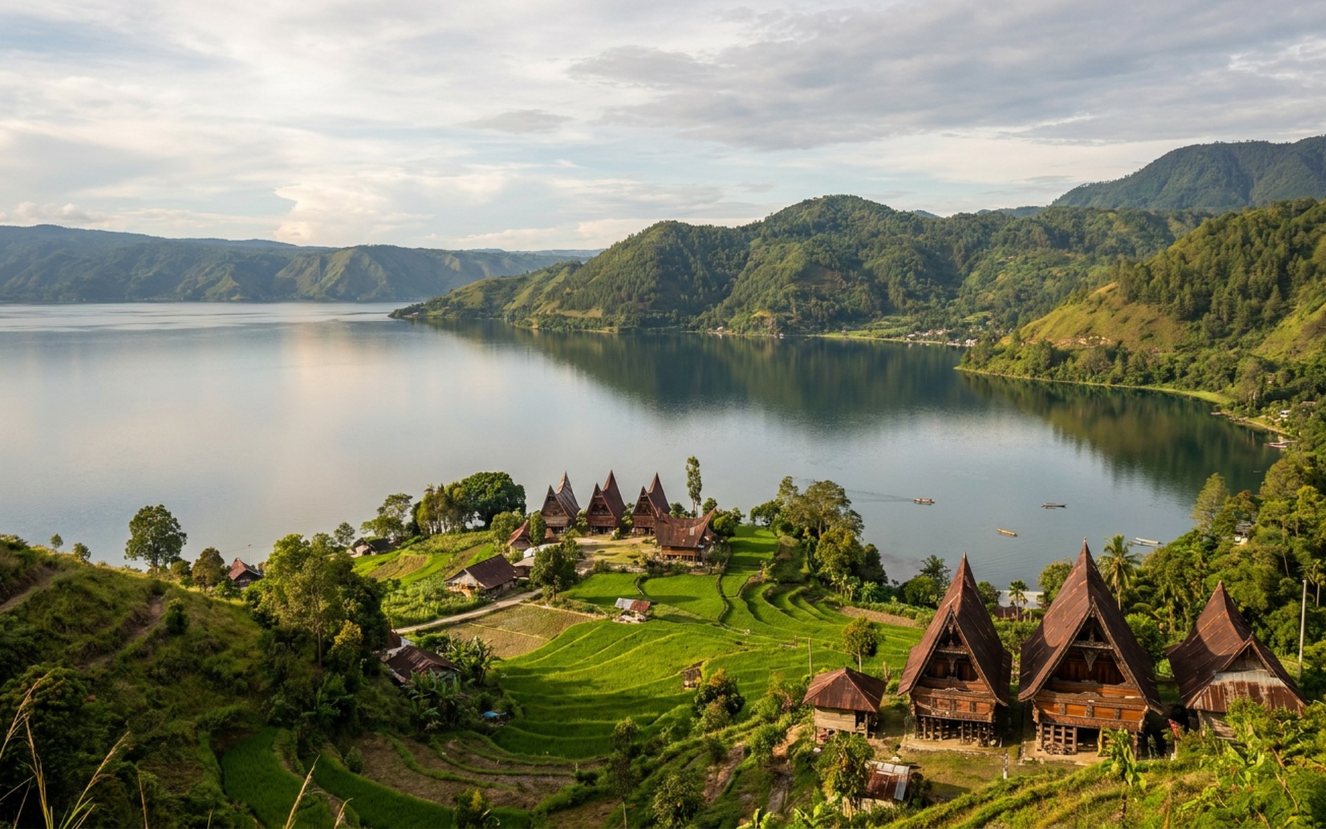 The immense calm waters of Lake Toba, an ancient supervolcano caldera, with traditional Batak houses on Samosir Island and lush green hills. at Lake Toba & North Sumatra, Indonesia — original Triple VIP destination visual.