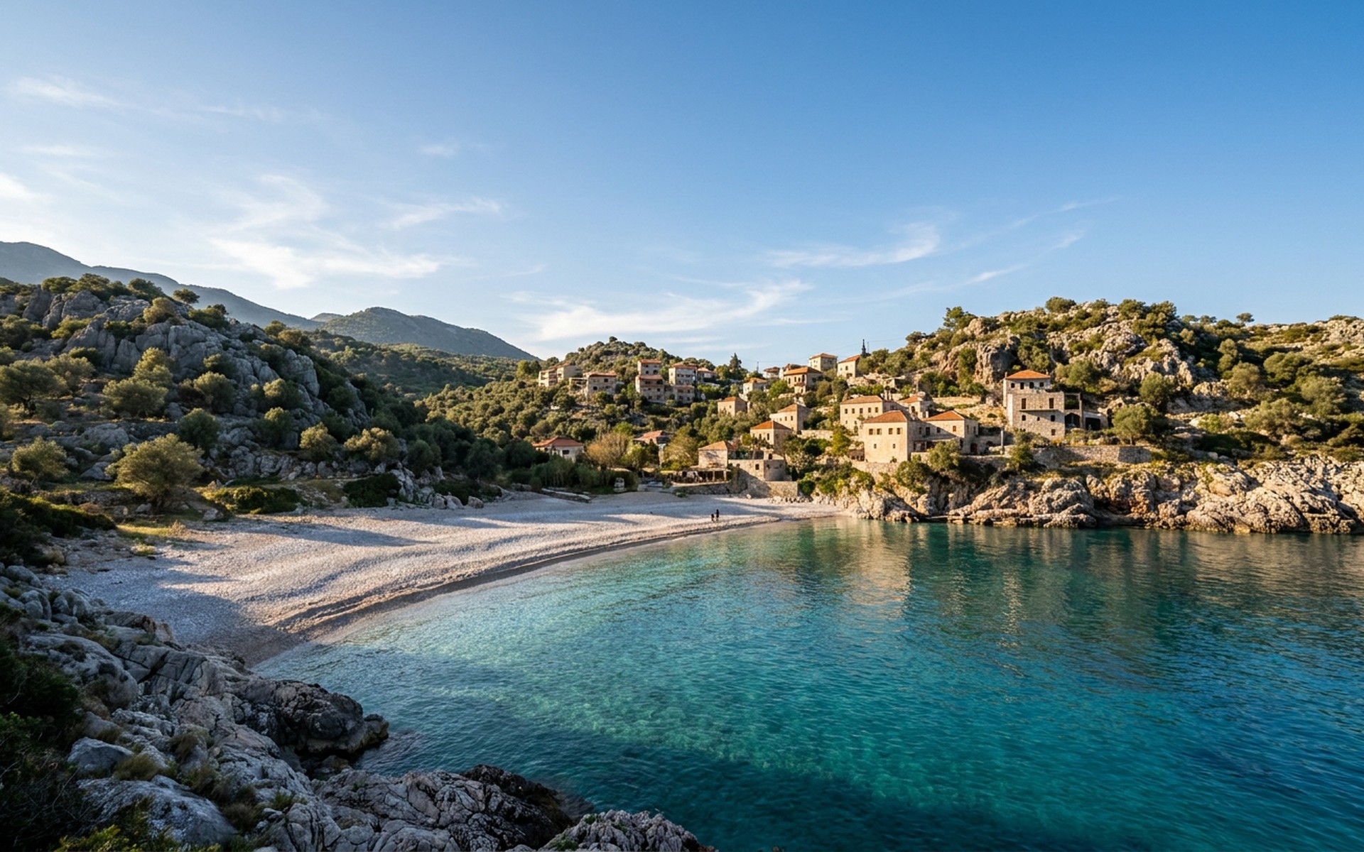 a pebble cove of clear blue water below olive-covered limestone slopes with a stone village above at the Albanian Riviera — original Triple VIP destination visual.