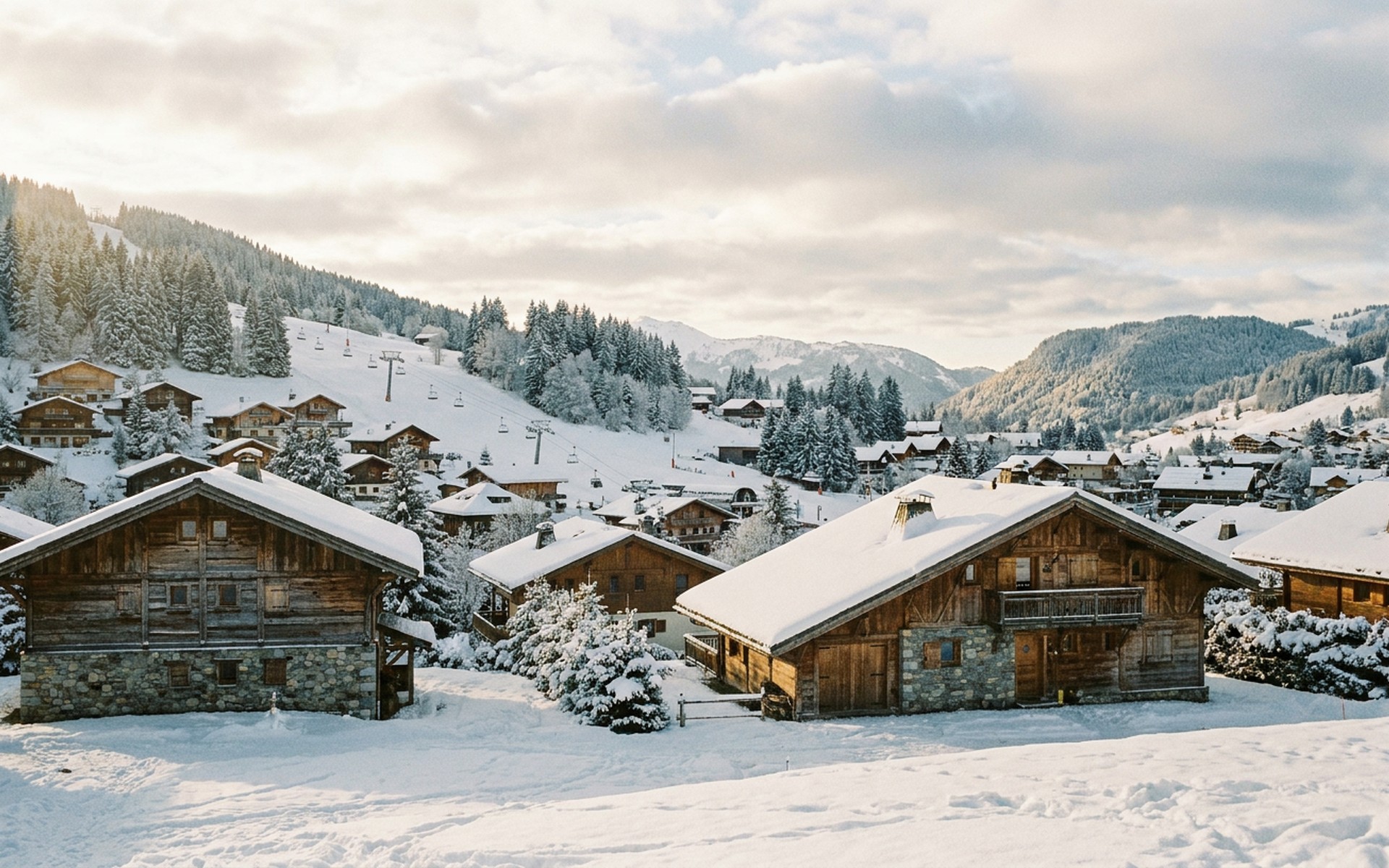 Charming alpine village of Les Gets in winter, with snow-covered chalets and pine trees, illuminated by soft morning light with ski lifts visible. at Les Gets, France — original Triple VIP destination visual.