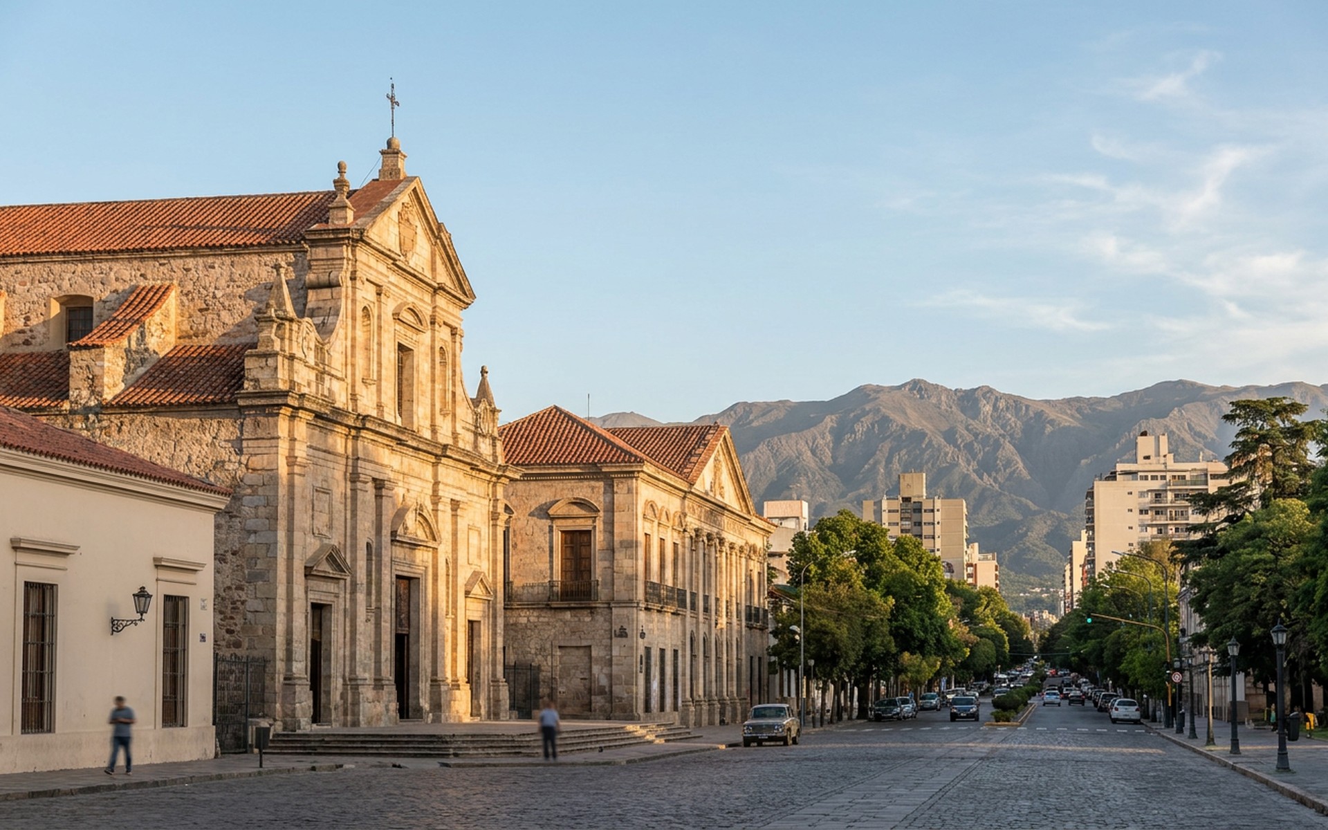 Colonial architecture of the Jesuit Block under golden afternoon light, contrasting with the vibrant city life. at Córdoba & Sierras, Argentina — original Triple VIP destination visual.