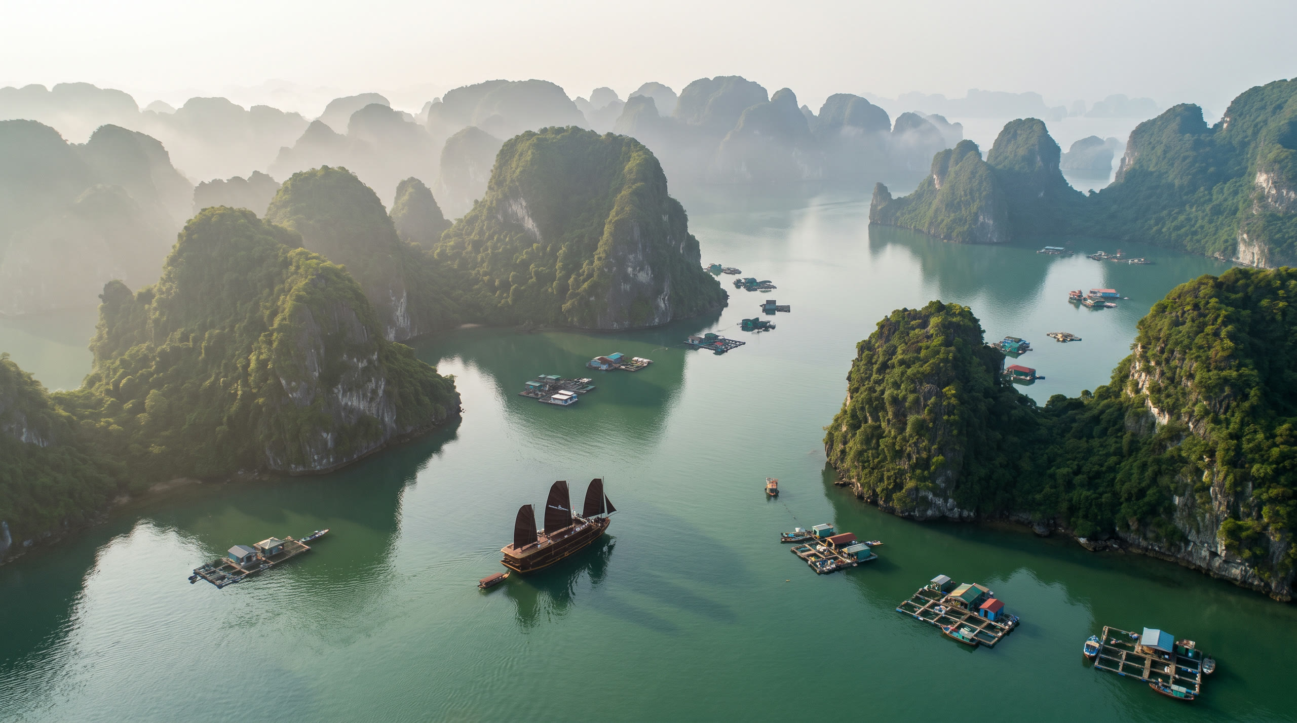 limestone karst towers rising from emerald water with a traditional junk at Ha Long Bay, Vietnam, in early morning light — original Triple VIP destination visual.