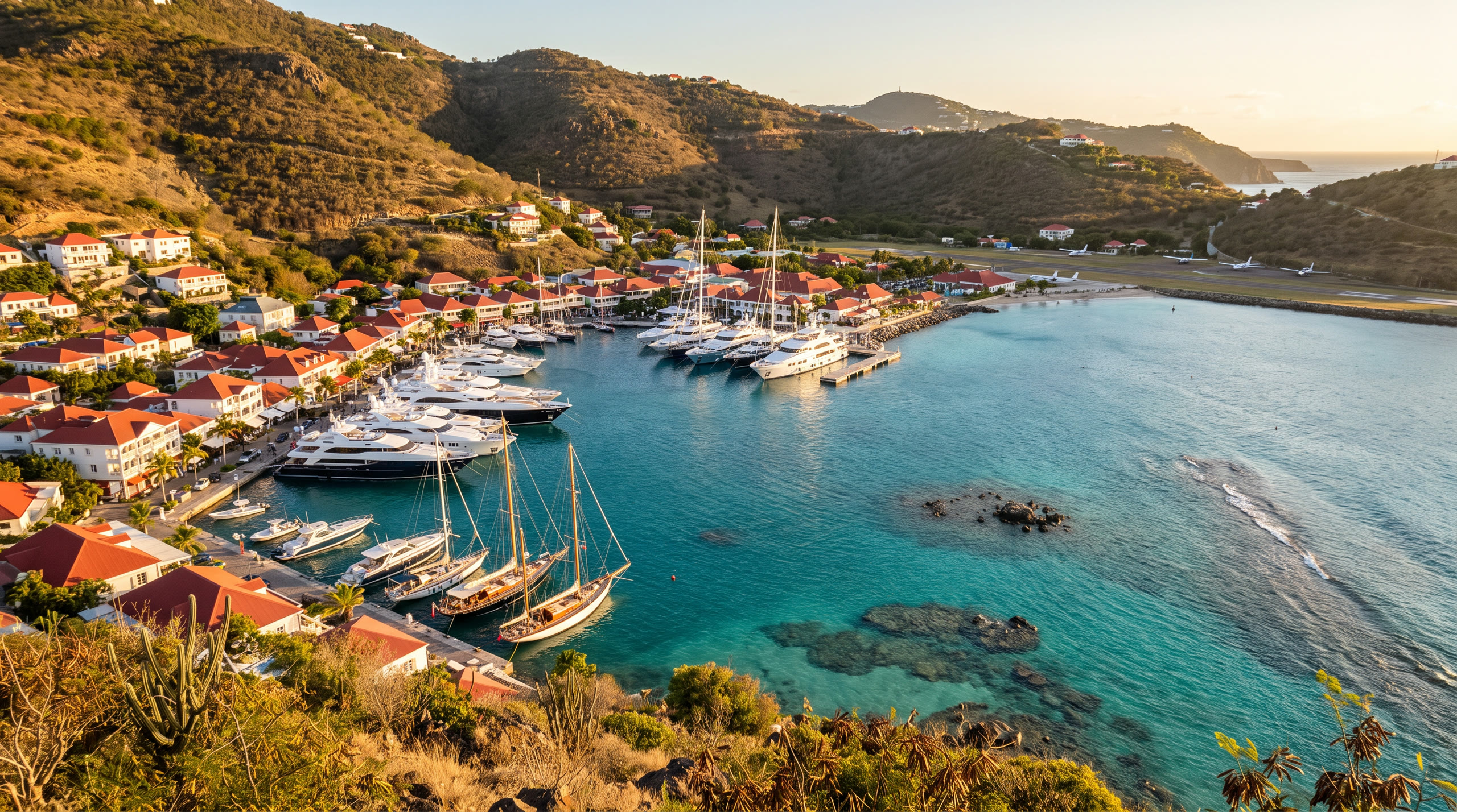 a sheltered yacht harbour below dry green hills at St Barths, Saint Barthélemy, in golden hour light — original Triple VIP destination visual.