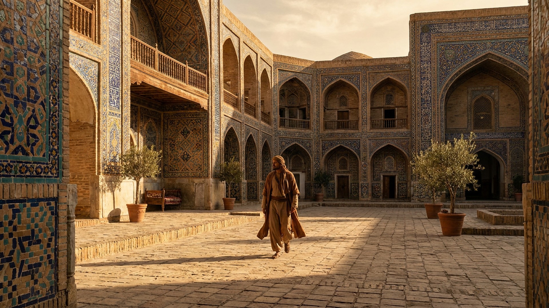 Tiled courtyard of an old Silk Road city in late afternoon light