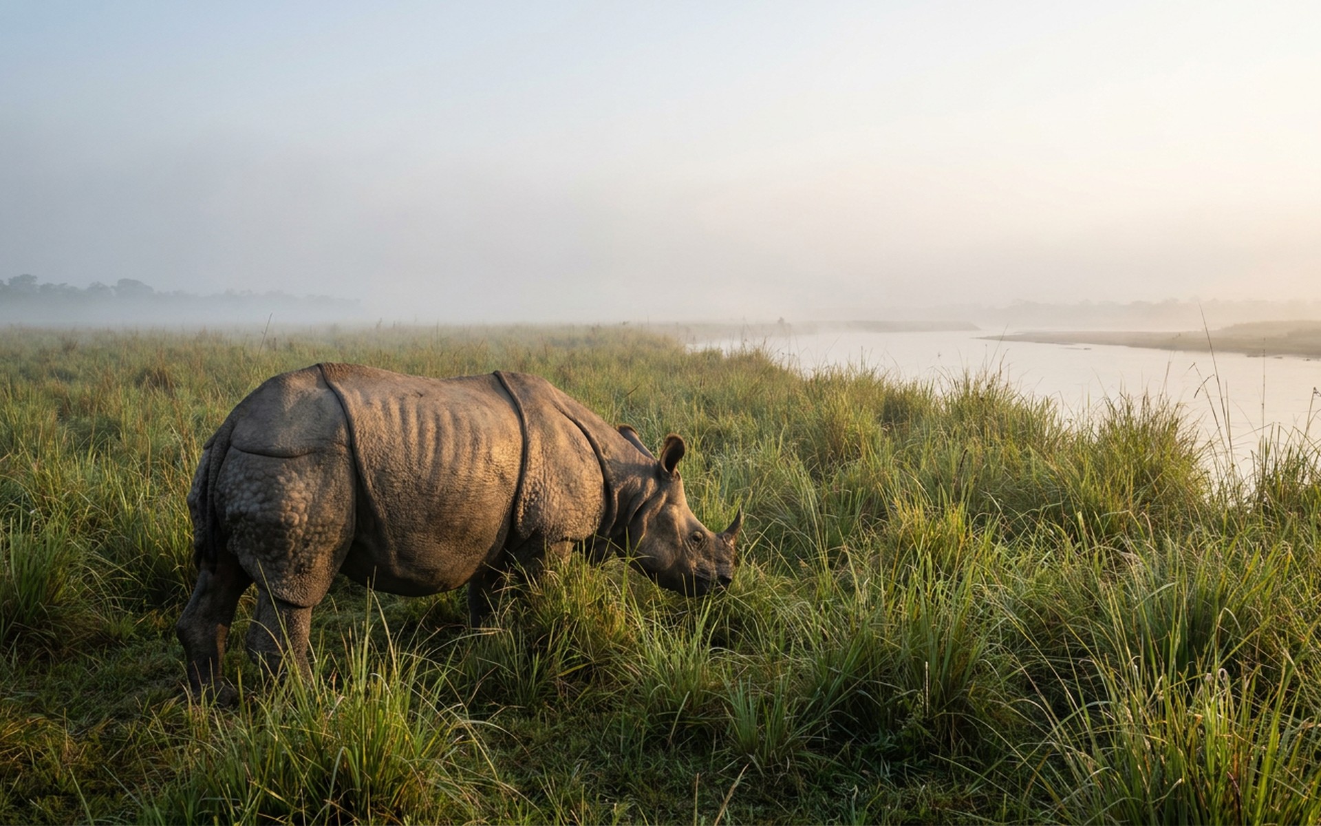 A majestic one-horned rhinoceros grazing peacefully in tall, dew-kissed elephant grass at dawn, within the misty floodplains of Kaziranga, early winter. at Kaziranga, India — original Triple VIP destination visual.