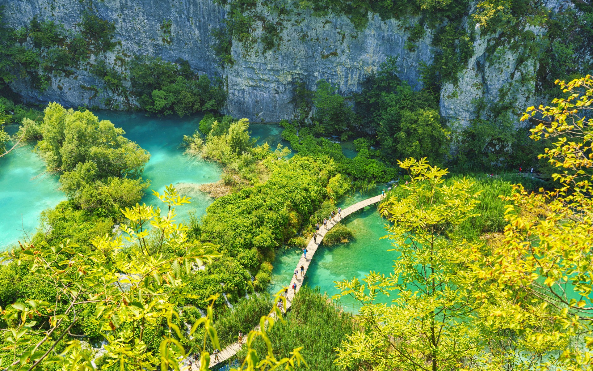 Aerial perspective of lush greenery and footbridge over Plitvice Lakes' turquoise waters in Croatia.