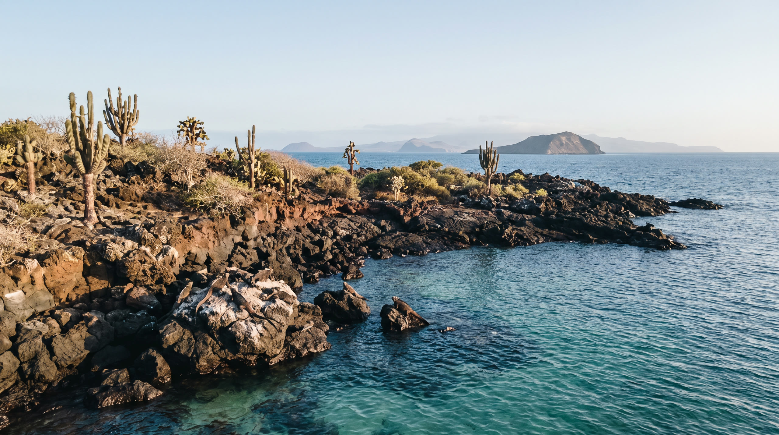 a volcanic shoreline with marine iguanas and clear equatorial water at Galápagos Islands, Ecuador, in morning light — original Triple VIP destination visual.