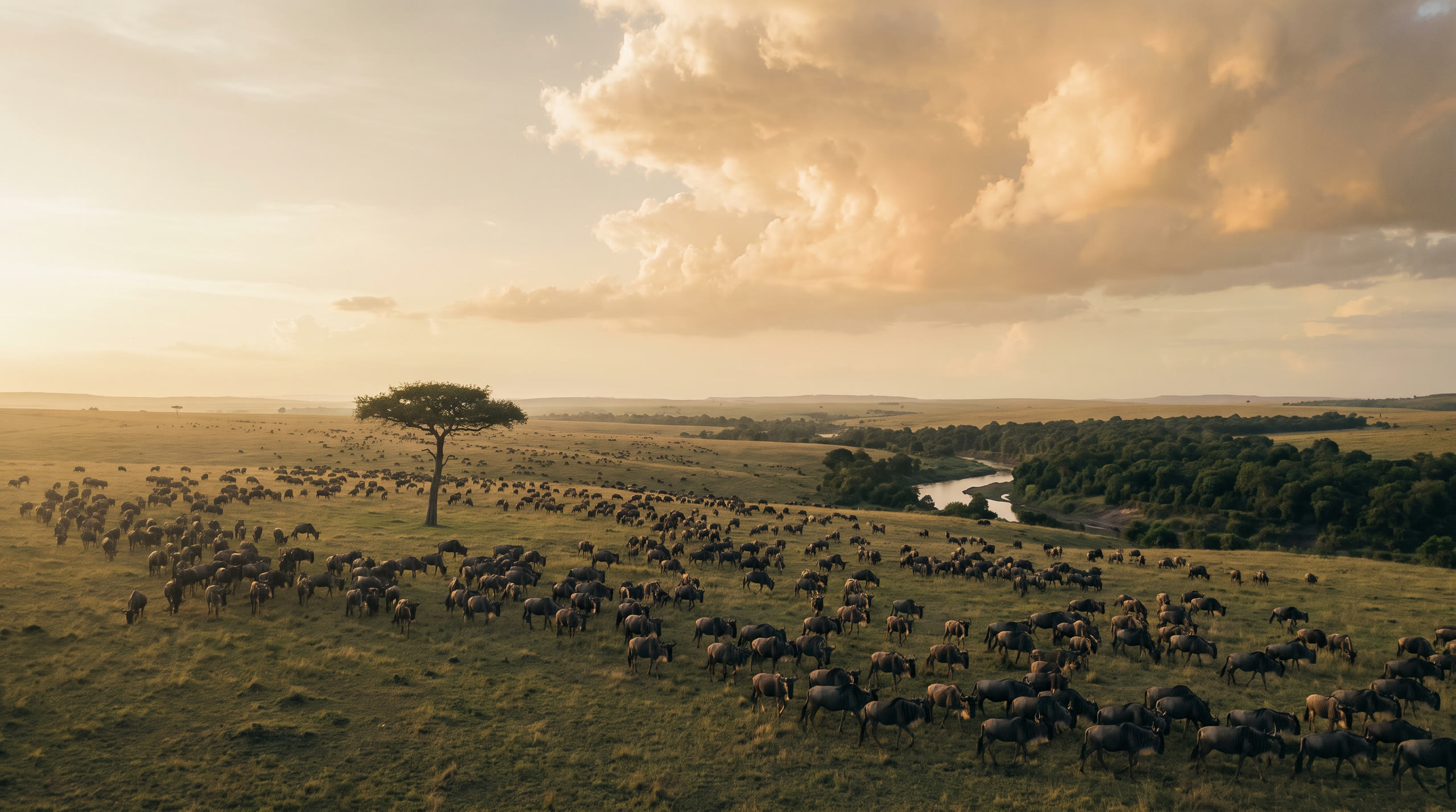open grassland with a wildebeest herd and a lone acacia under a huge sky at Masai Mara, Kenya, in golden hour light — original Triple VIP destination visual.