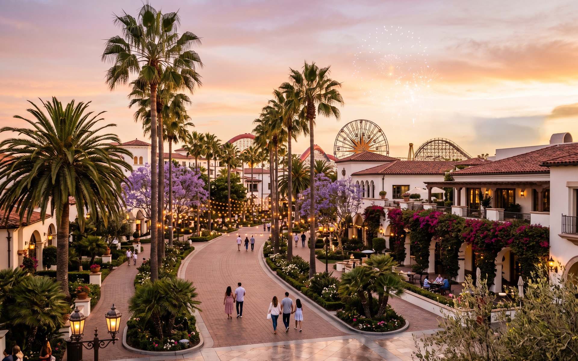 Palm-lined resort promenade in Anaheim at golden hour, with an observation wheel and roller coaster silhouettes and distant fireworks over Southern California rooftops