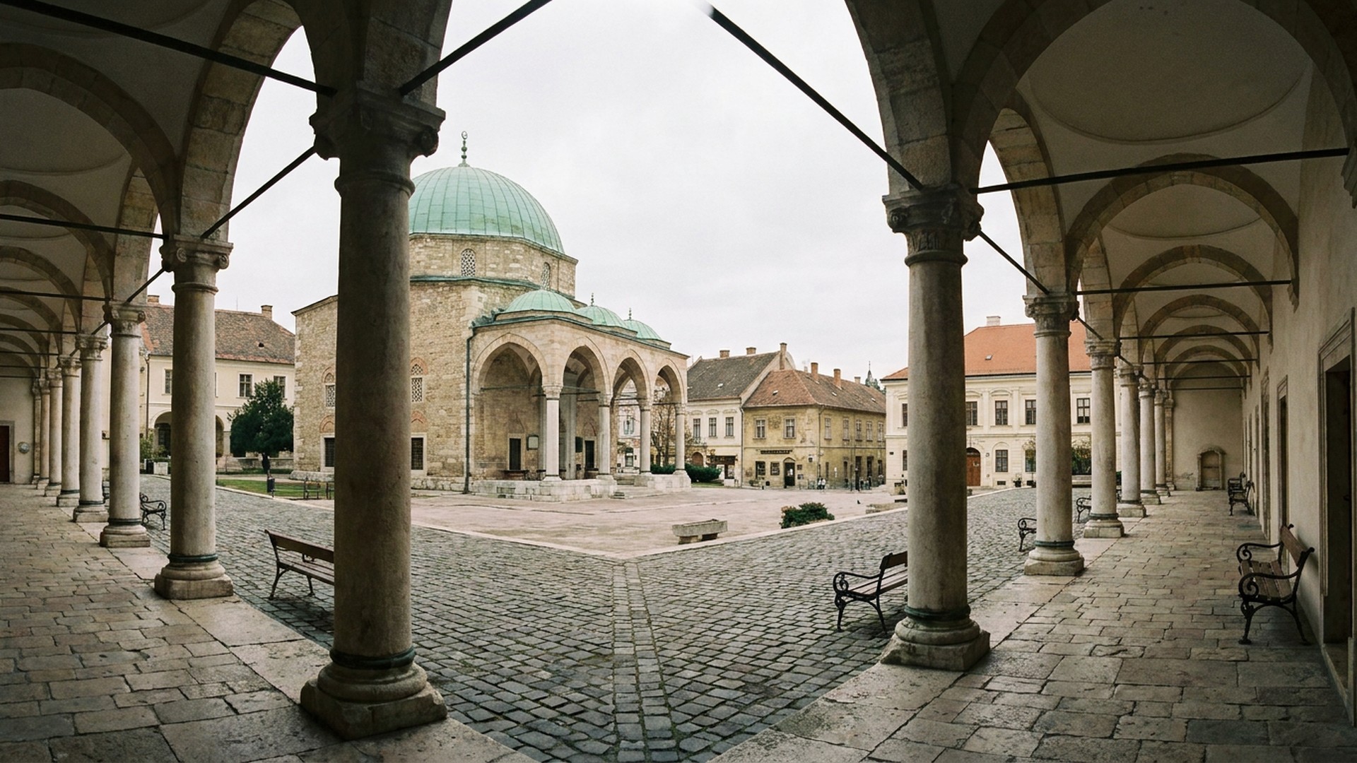 Arcaded public space in Pécs, Hungary