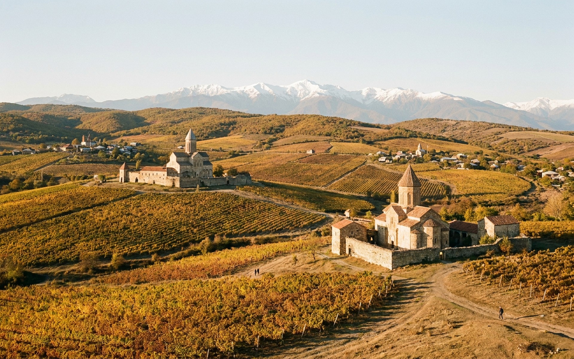 Rolling vineyards of the Kakheti region bathed in warm autumn sunlight, with traditional Georgian monasteries and the Caucasus Mountains in the background. at Kakheti Wine Country, Georgia — original Triple VIP destination visual.