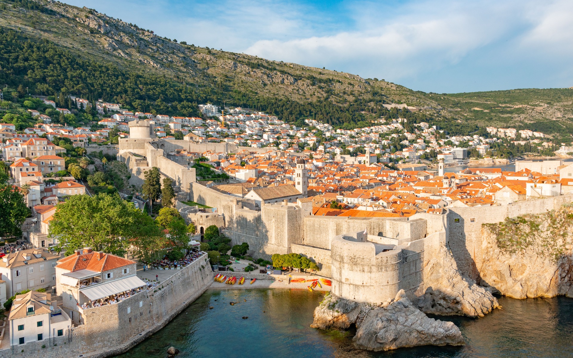 Aerial view of Dubrovnik's historic Old Town and defensive walls along the Adriatic Sea.