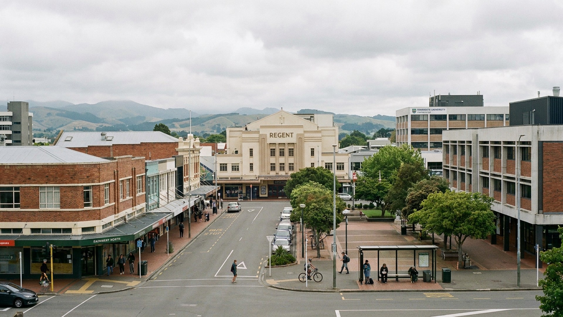 Street-level view of the civic architecture in Palmerston North, New Zealand