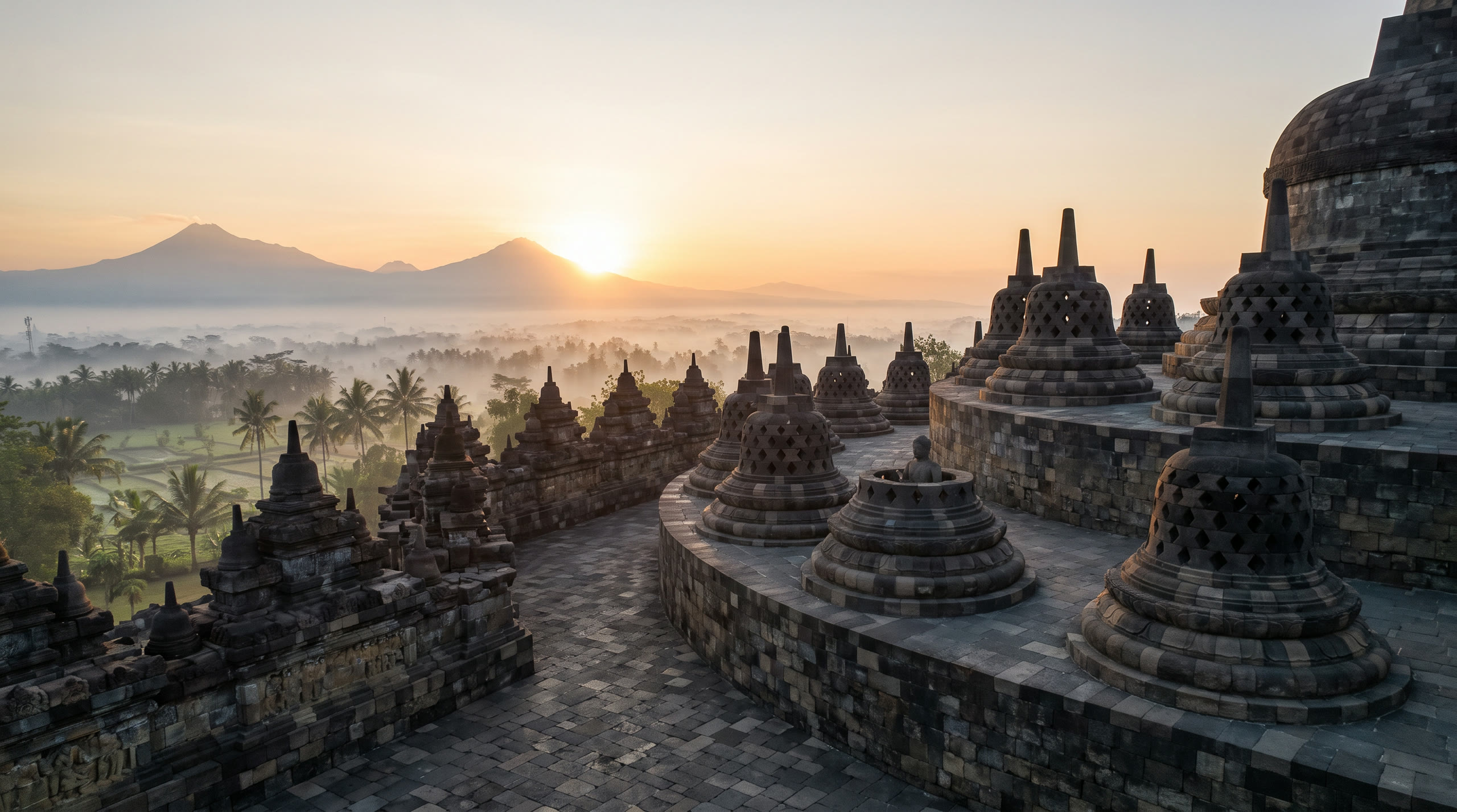 the stepped stone stupa terraces with volcanoes on the horizon at Borobudur, Indonesia, in sunrise light — original Triple VIP destination visual.