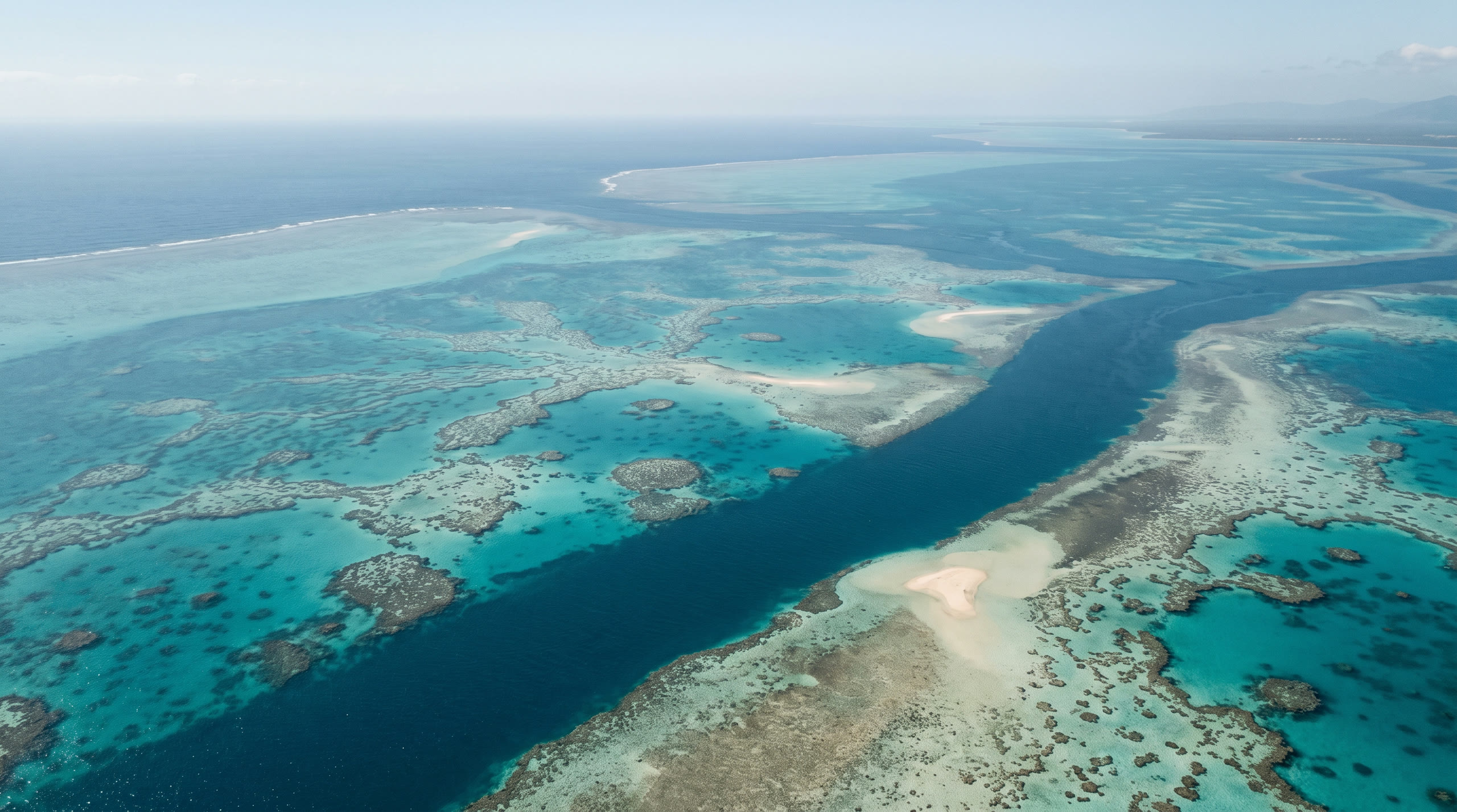 reef structures and sand cays patterned through turquoise shallows at Great Barrier Reef & Cairns, Australia, in midday light — original Triple VIP destination visual.