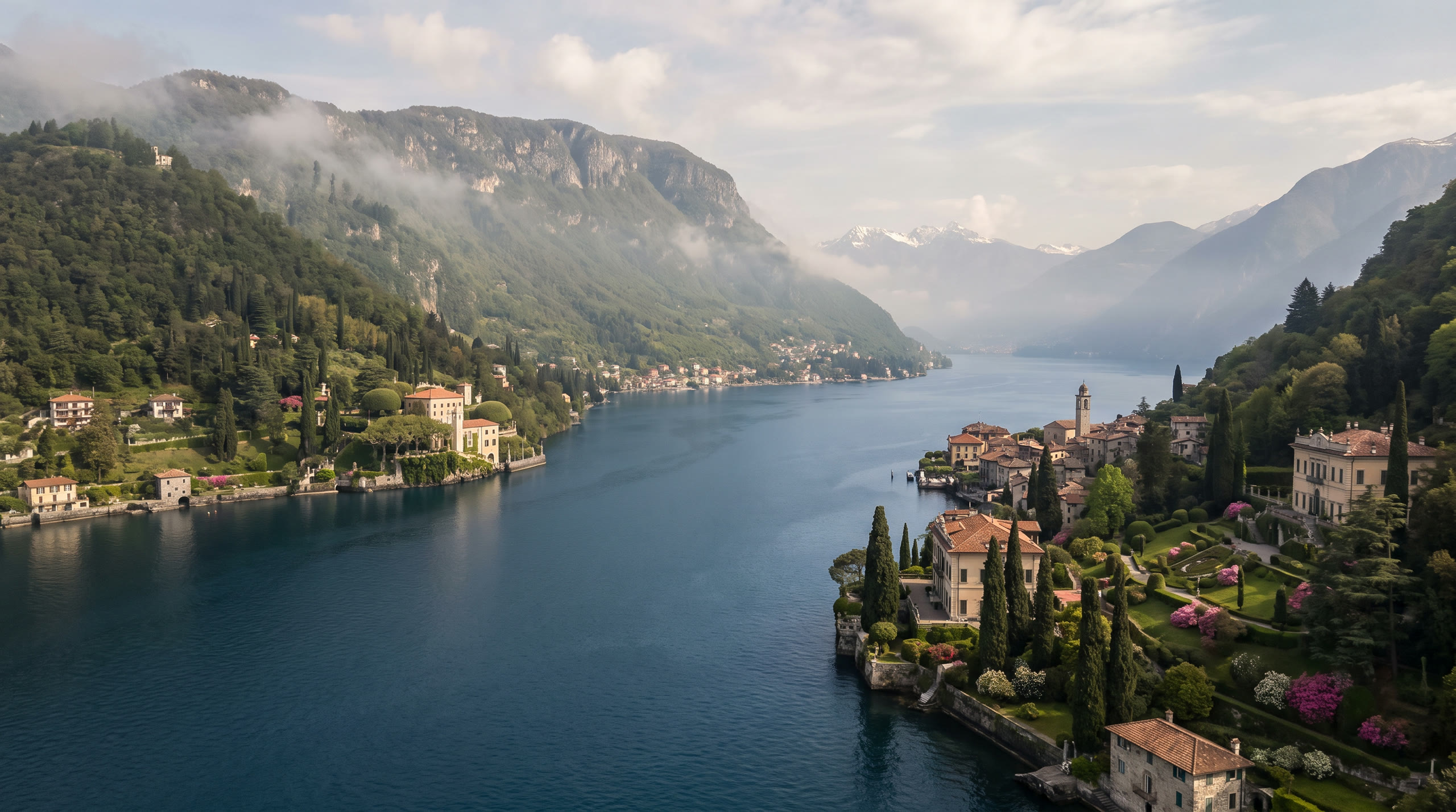 the lake's forked arms below steep alpine foothills with lakeside villas at Lake Como, Italy, in morning light — original Triple VIP destination visual.