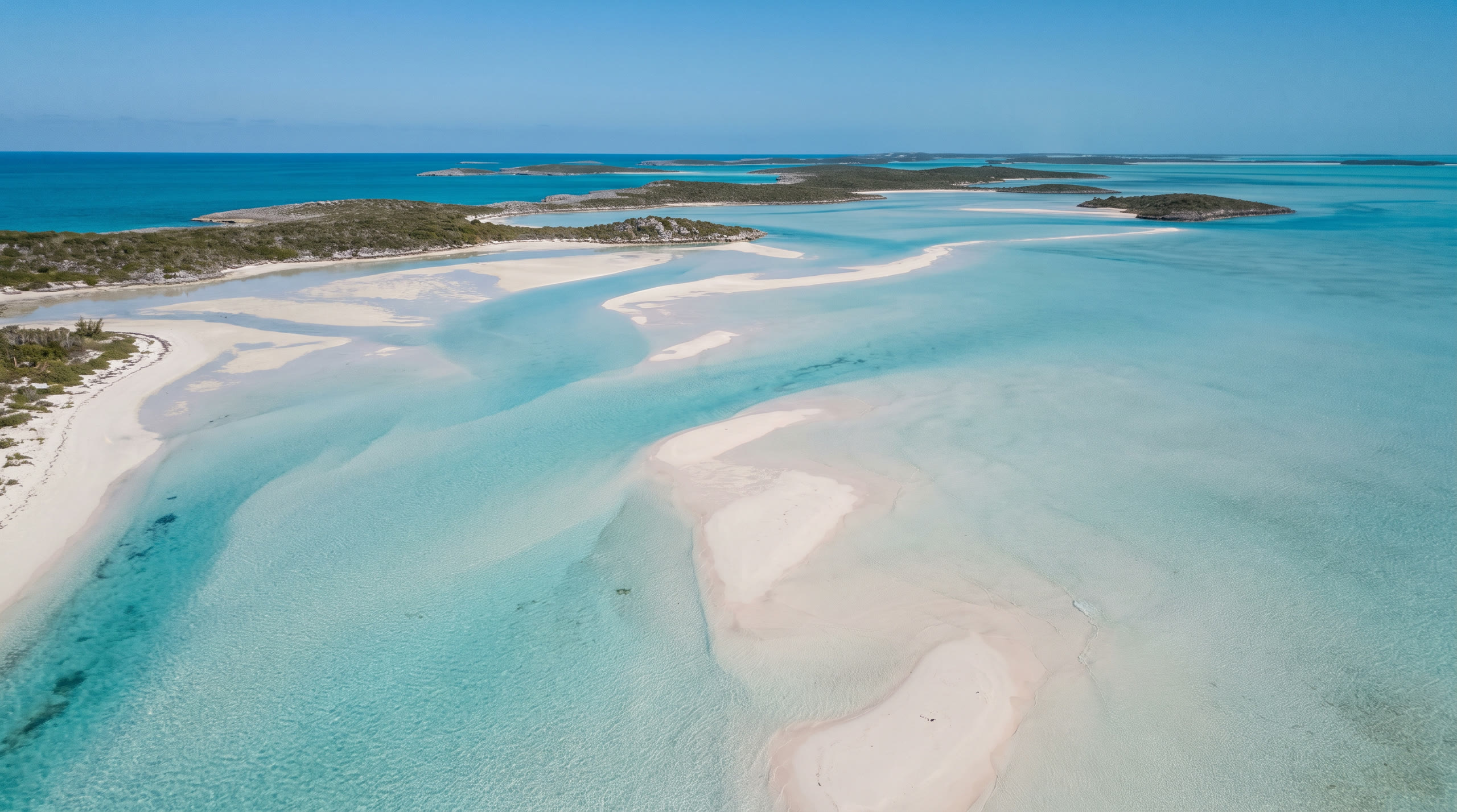 sandbanks and turquoise channels braided across a shallow bank at The Exumas, Bahamas, in midday light — original Triple VIP destination visual.