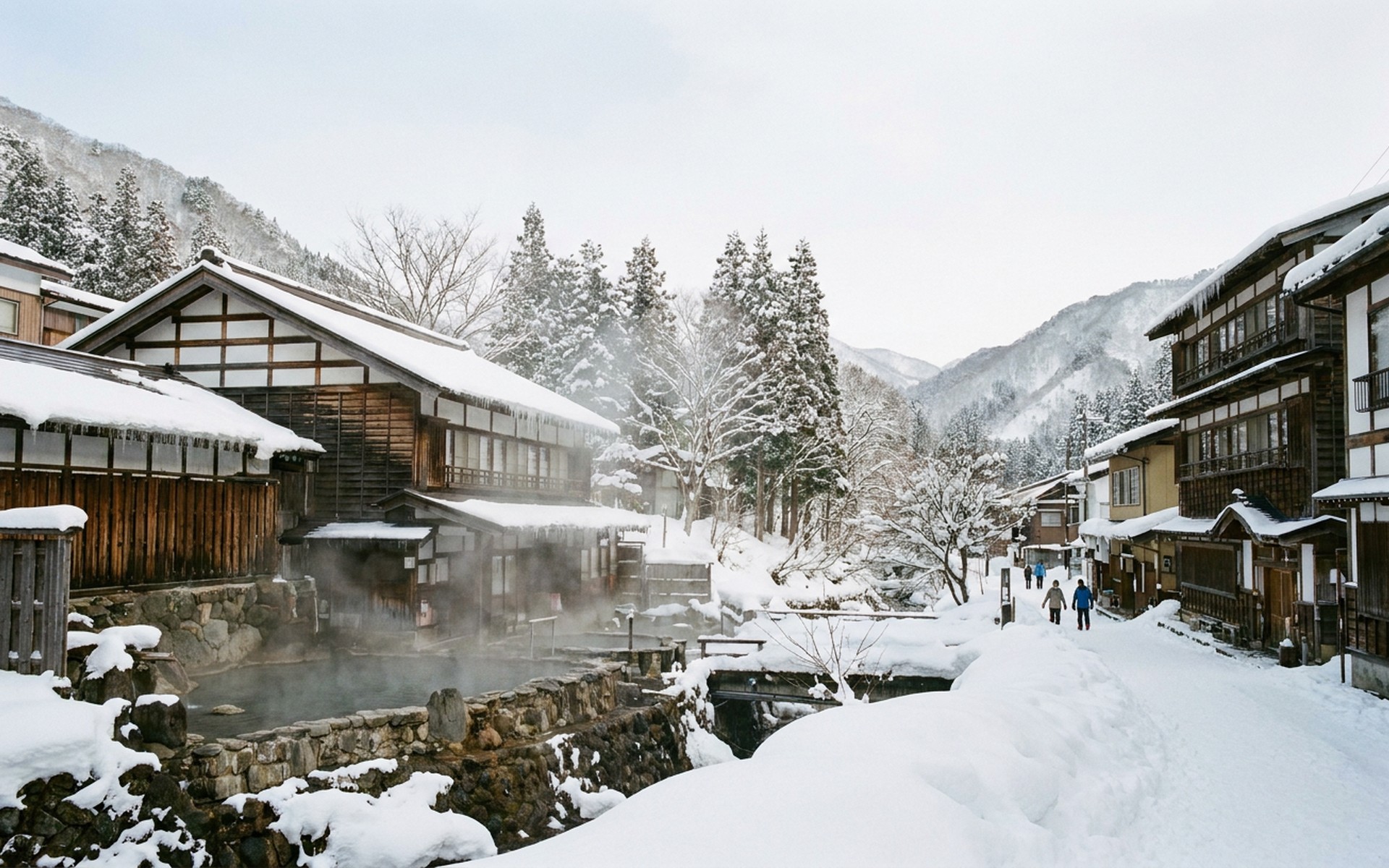 Traditional wooden Japanese ryokan buildings with steaming onsen baths nestled among deep winter snow in Nozawa Onsen village. at Nozawa Onsen, Japan — original Triple VIP destination visual.