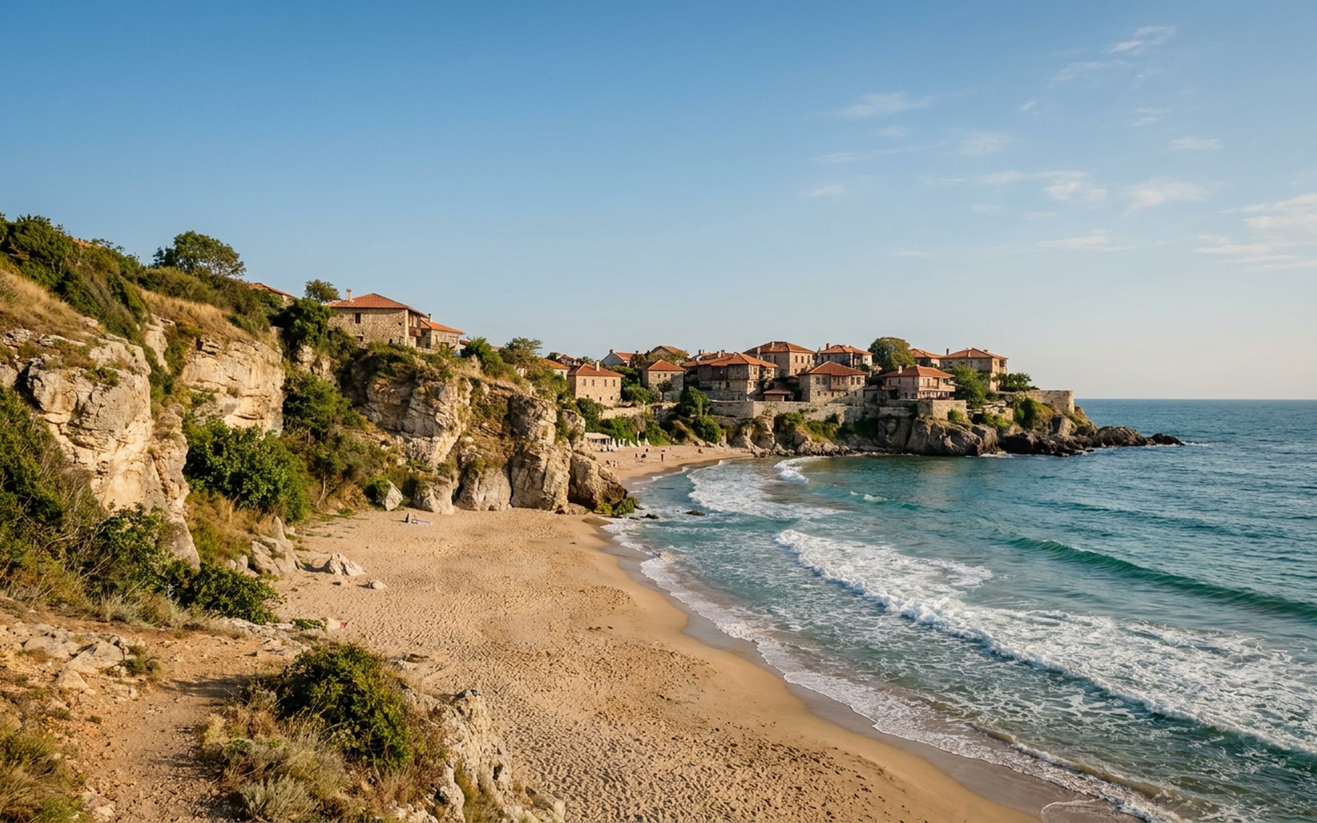 Golden sandy beaches and turquoise waters of the Bulgarian Black Sea Coast, with dramatic cliffs and a picturesque seaside town in summer. at Bulgarian Black Sea Coast, Bulgaria — original Triple VIP destination visual.