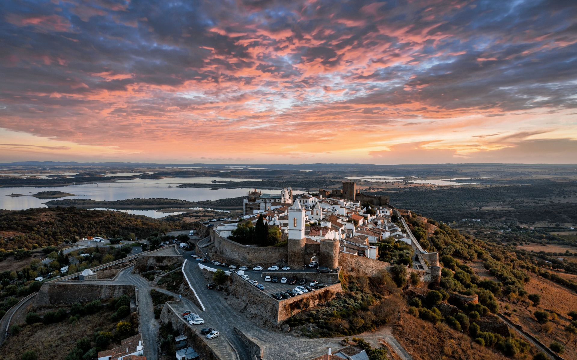 Aerial view of Monsaraz village at sunset in Portugal’s Alentejo region