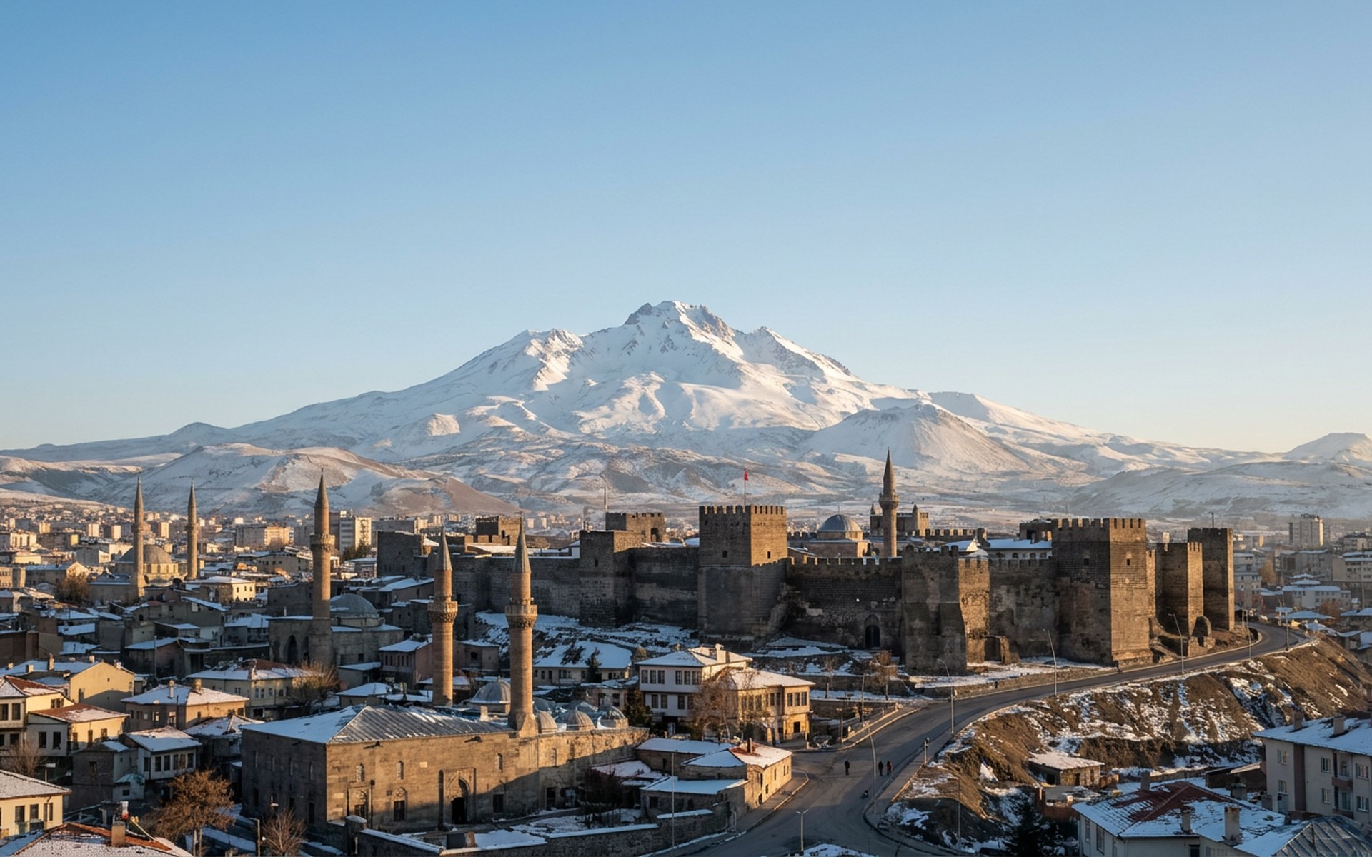 The snow-covered volcanic peak of Mount Erciyes towering over the historic city of Kayseri, with its ancient citadel visible under a clear winter sky. at Erciyes & Kayseri, Turkey — original Triple VIP destination visual.