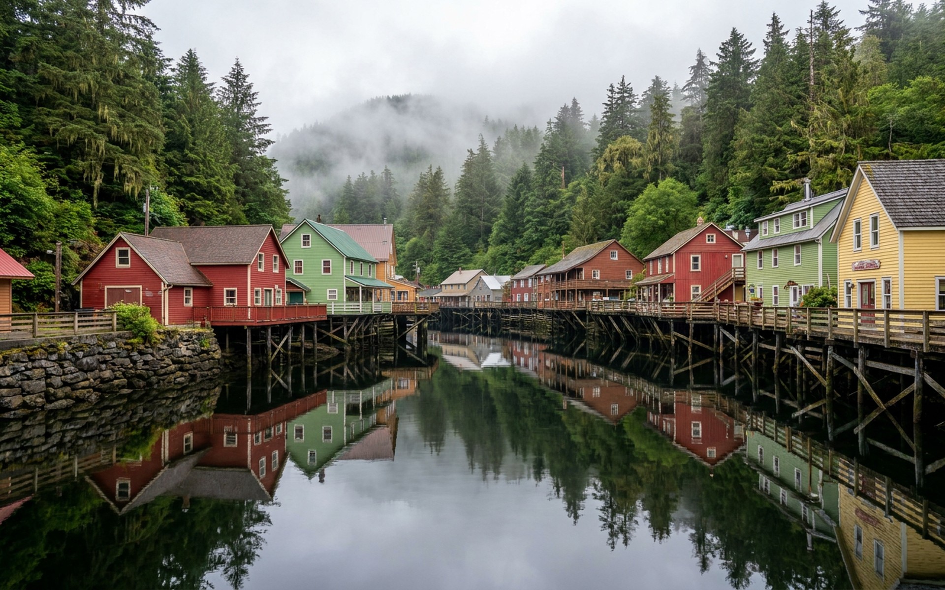 Misty morning view of colorful stilt houses along Ketchikan's Creek Street, reflecting on the calm water, surrounded by lush coastal rainforest. at Ketchikan, United States — original Triple VIP destination visual.