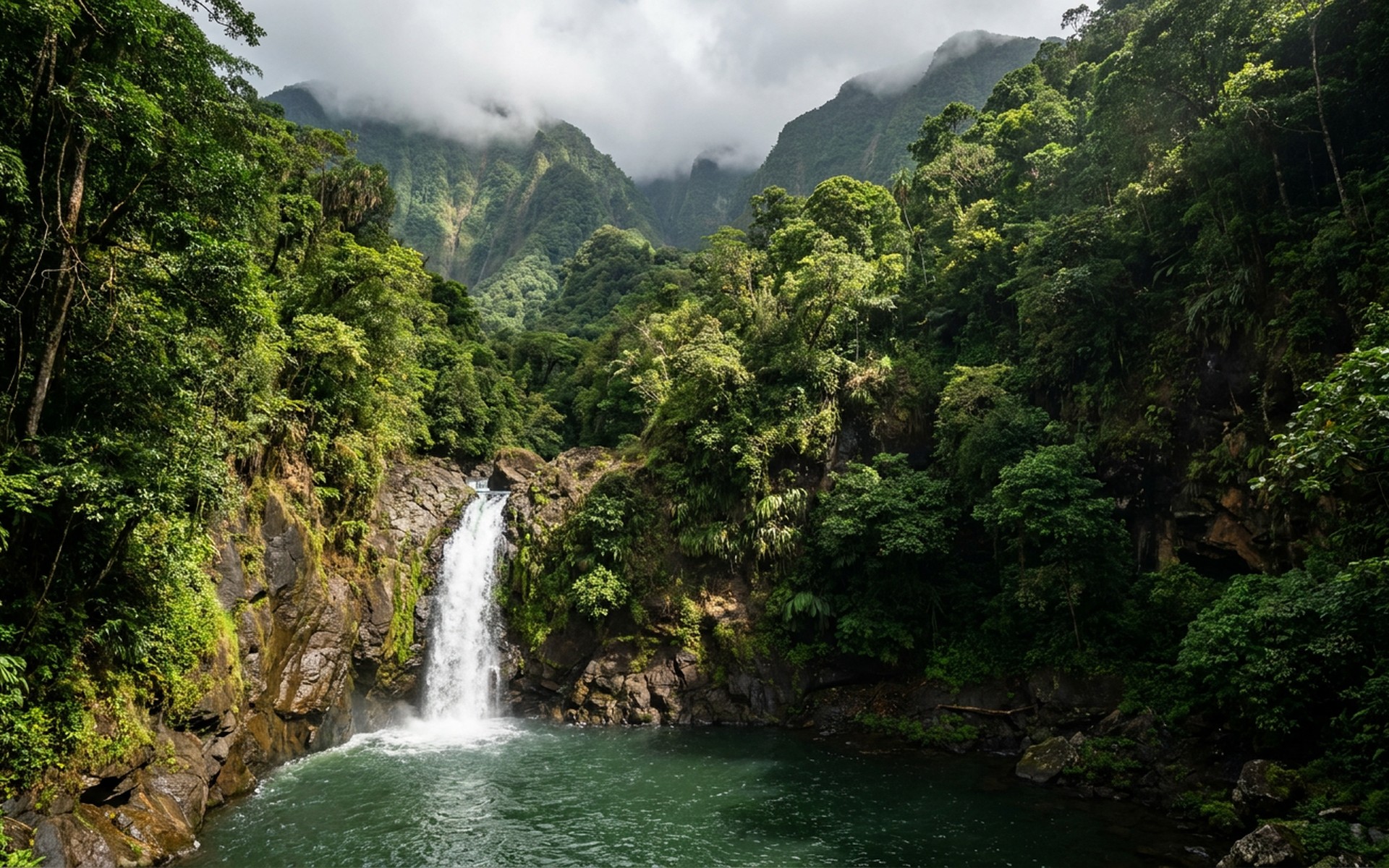 a rainforest waterfall falling into a green pool beneath steep volcanic ridges wrapped in mist at Dominica — original Triple VIP destination visual.